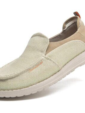 Men's Beige Breathable Stretch Easy Canvas Slip-Ons Soft Boat Loafers Shoes
